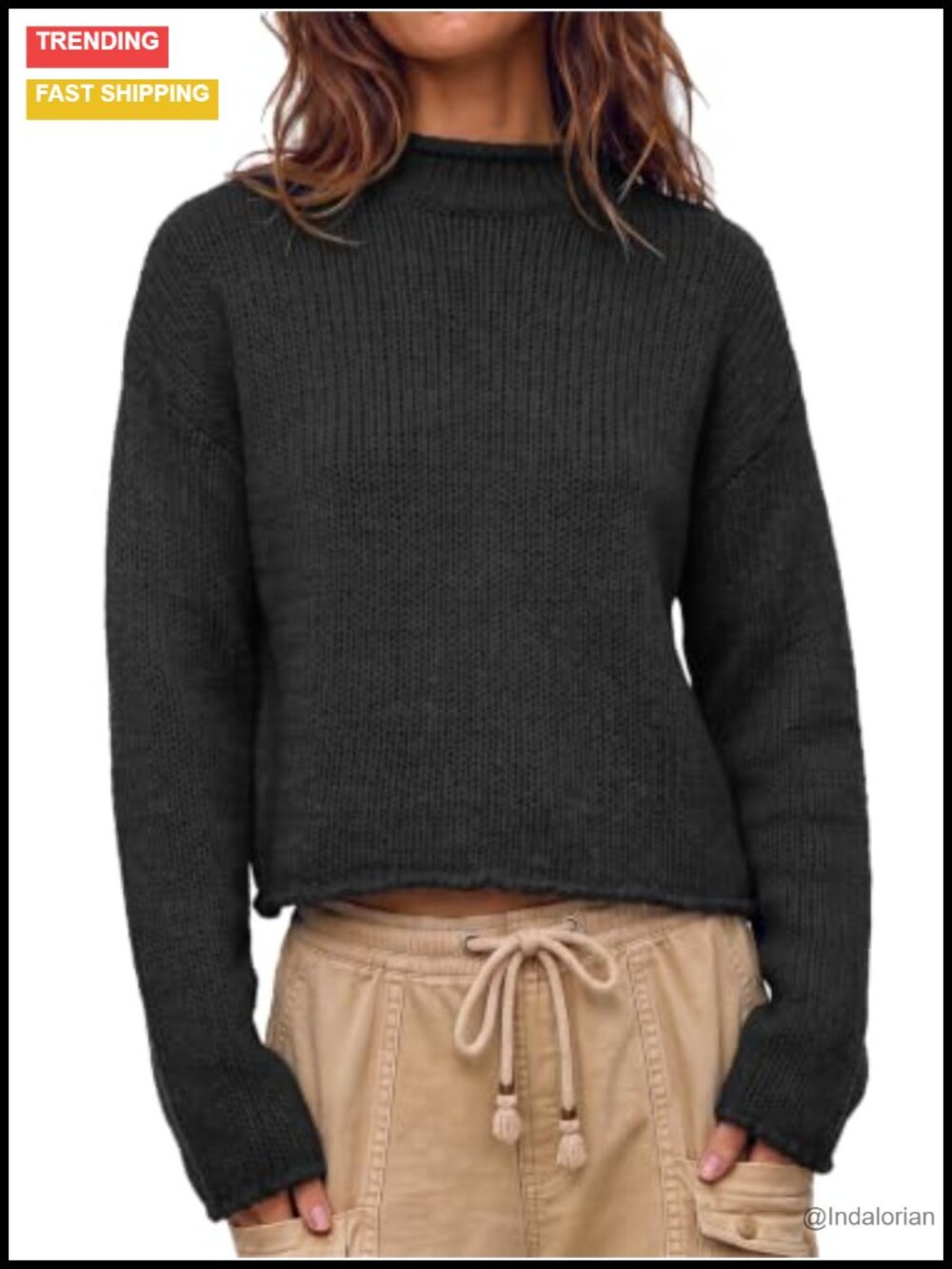 Chunky Knit Striped Cropped Sweater Rolled Mock Neck Pullover